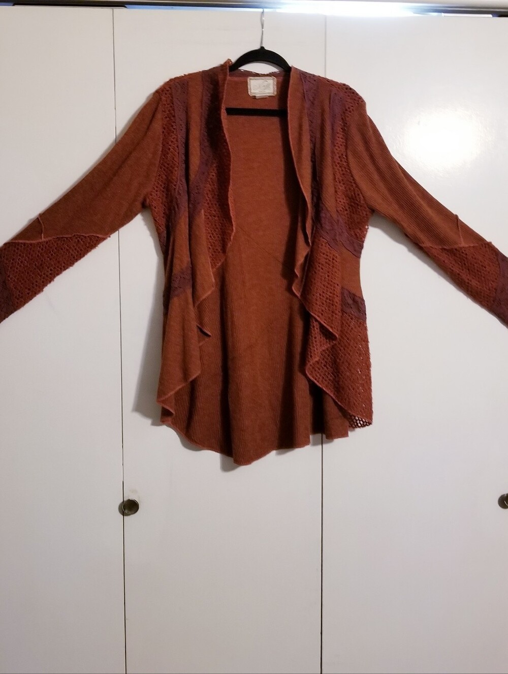 Nick & Mo Asymmetrical Open Knit Cardigan Sweater Rust Orange Lace Boho XL